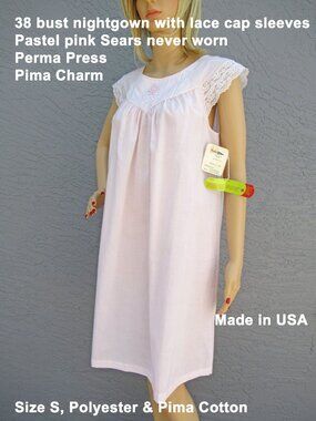 38" bust nightgown, Lace cap sleeve, Pastel pink Perma Prest, VTG paper hang tag